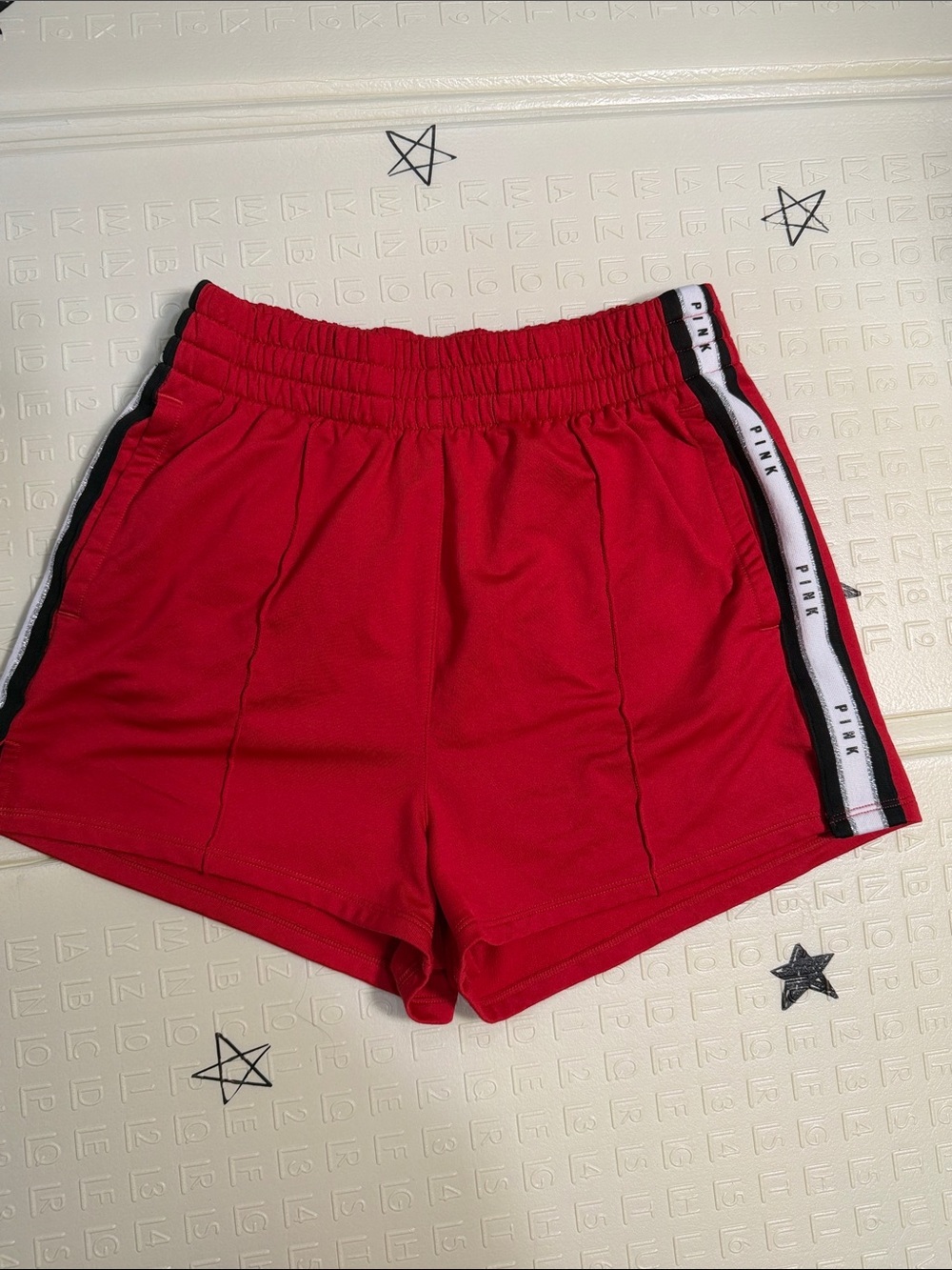 PINK Victoria's Secret Red Athletic Shorts with White & Black Side Tape